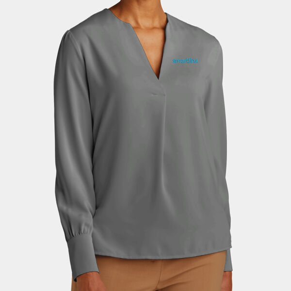 Smartlinx Embroidery - Women's Open Neck Satin Blouse Thumbnail